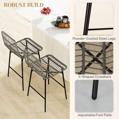 Rattan Counter Height Bar Stools Set of 2, 26" Counter Stools with Back, Modern Bar Chairs for Kitchen Island, Grey