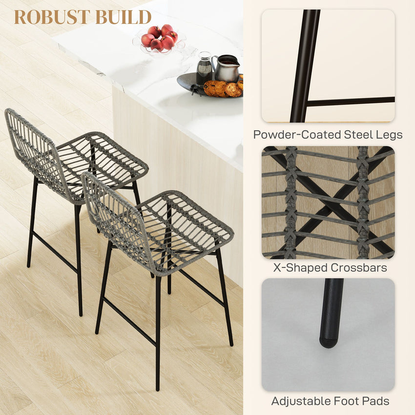 Rattan Counter Height Bar Stools Set of 2, 26" Counter Stools with Back, Modern Bar Chairs for Kitchen Island, Grey