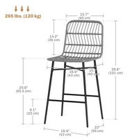 Rattan Counter Height Bar Stools Set of 2, 26" Counter Stools with Back, Modern Bar Chairs for Kitchen Island, Grey