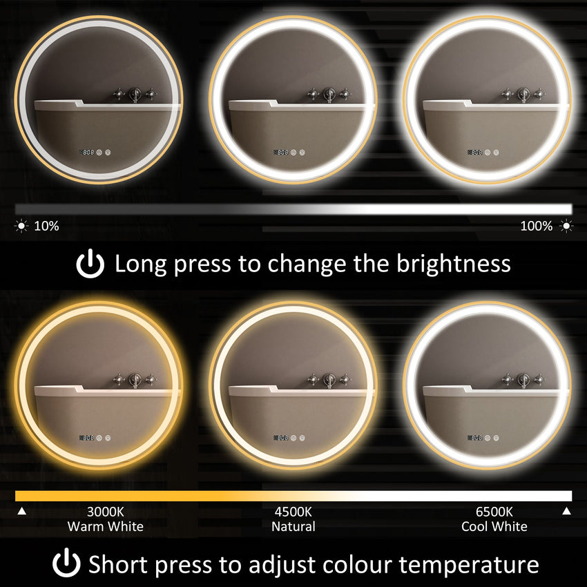 24" Round Bathroom Mirror with LED Lights, Wall Mounted Vanity Mirror with Anti-Fog Pad, Time and Temp Display, Gold
