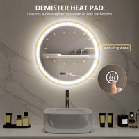 24" Round Bathroom Mirror with LED Lights, Wall Mounted Vanity Mirror with Anti-Fog Pad, Time and Temp Display, Gold