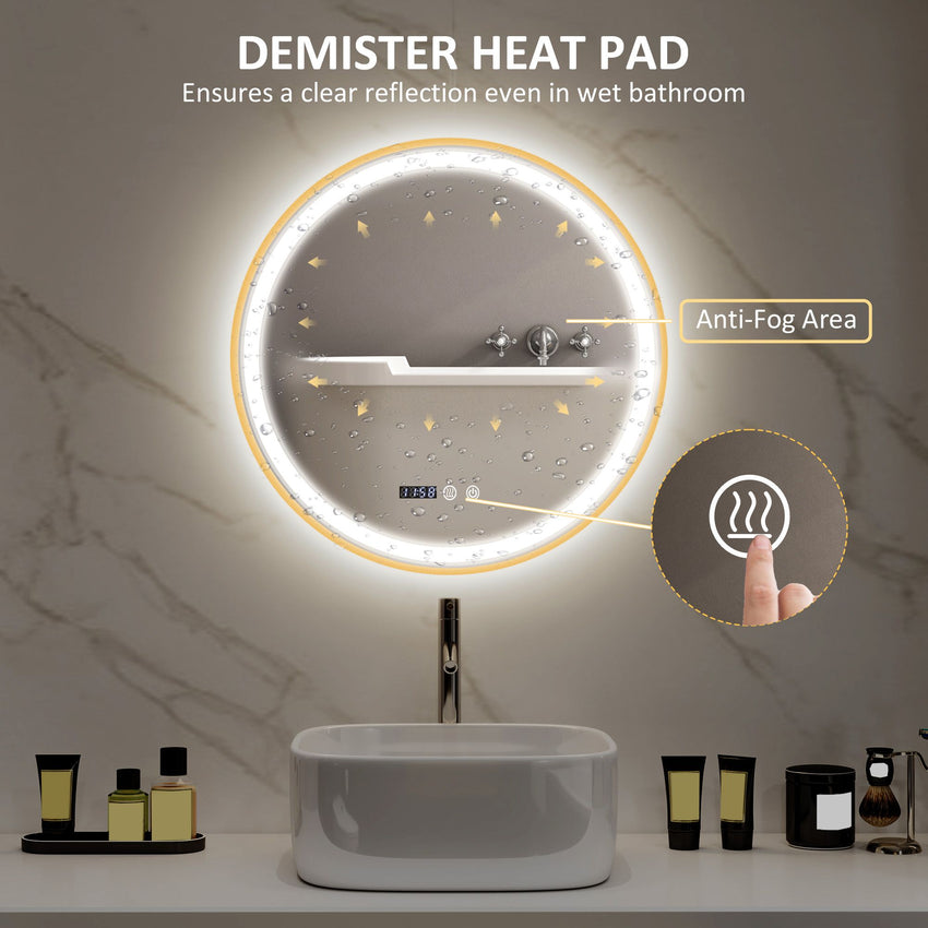 24" Round Bathroom Mirror with LED Lights, Wall Mounted Vanity Mirror with Anti-Fog Pad, Time and Temp Display, Gold