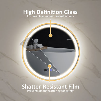 24" Round Bathroom Mirror with LED Lights, Wall Mounted Vanity Mirror with Anti-Fog Pad, Time and Temp Display, Gold