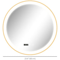 24" Round Bathroom Mirror with LED Lights, Wall Mounted Vanity Mirror with Anti-Fog Pad, Time and Temp Display, Gold