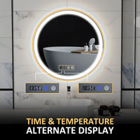 24" Round Bathroom Mirror with LED Lights, Wall Mounted Vanity Mirror with Anti-Fog Pad, Time and Temp Display, Gold