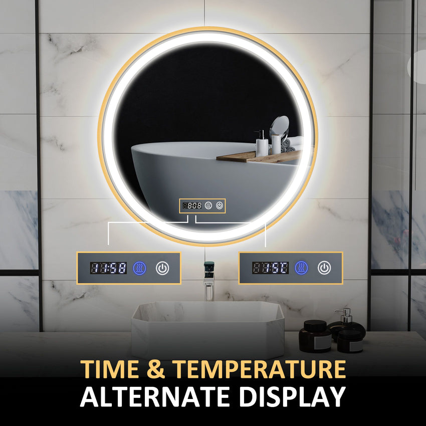 24" Round Bathroom Mirror with LED Lights, Wall Mounted Vanity Mirror with Anti-Fog Pad, Time and Temp Display, Gold
