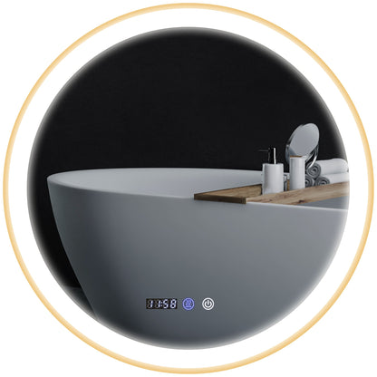 24" Round Bathroom Mirror with LED Lights, Wall Mounted Vanity Mirror with Anti-Fog Pad, Time and Temp Display, Gold