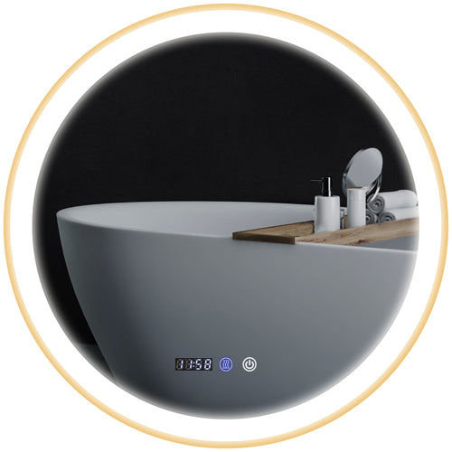 24" Round Bathroom Mirror with LED Lights, Wall Mounted Vanity Mirror with Anti-Fog Pad, Time and Temp Display, Gold