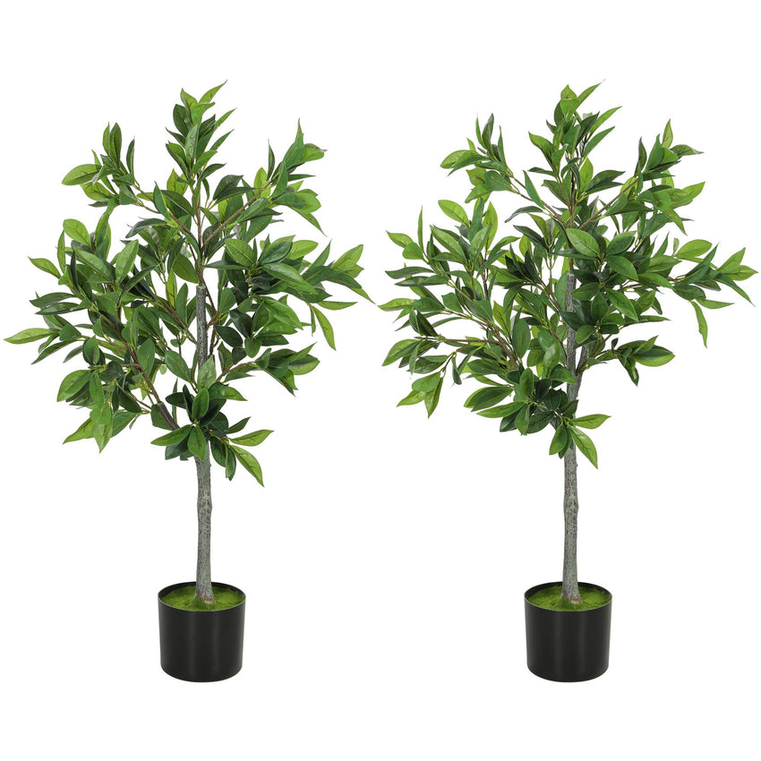 Potted Fake Plants Set of 2, Lifelike Laurel Artificial Trees with 345 PEVA Leaves for Indoor Outdoor Decor, Green