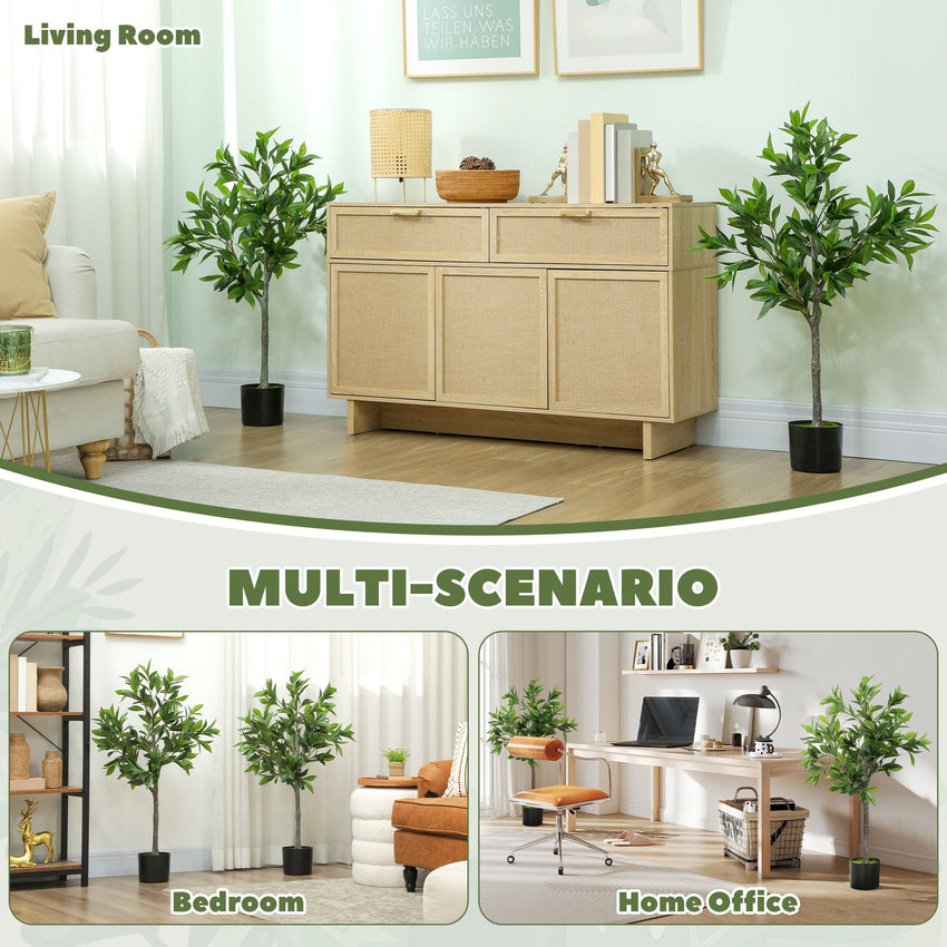 Potted Fake Plants Set of 2, Lifelike Laurel Artificial Trees with 345 PEVA Leaves for Indoor Outdoor Decor, Green