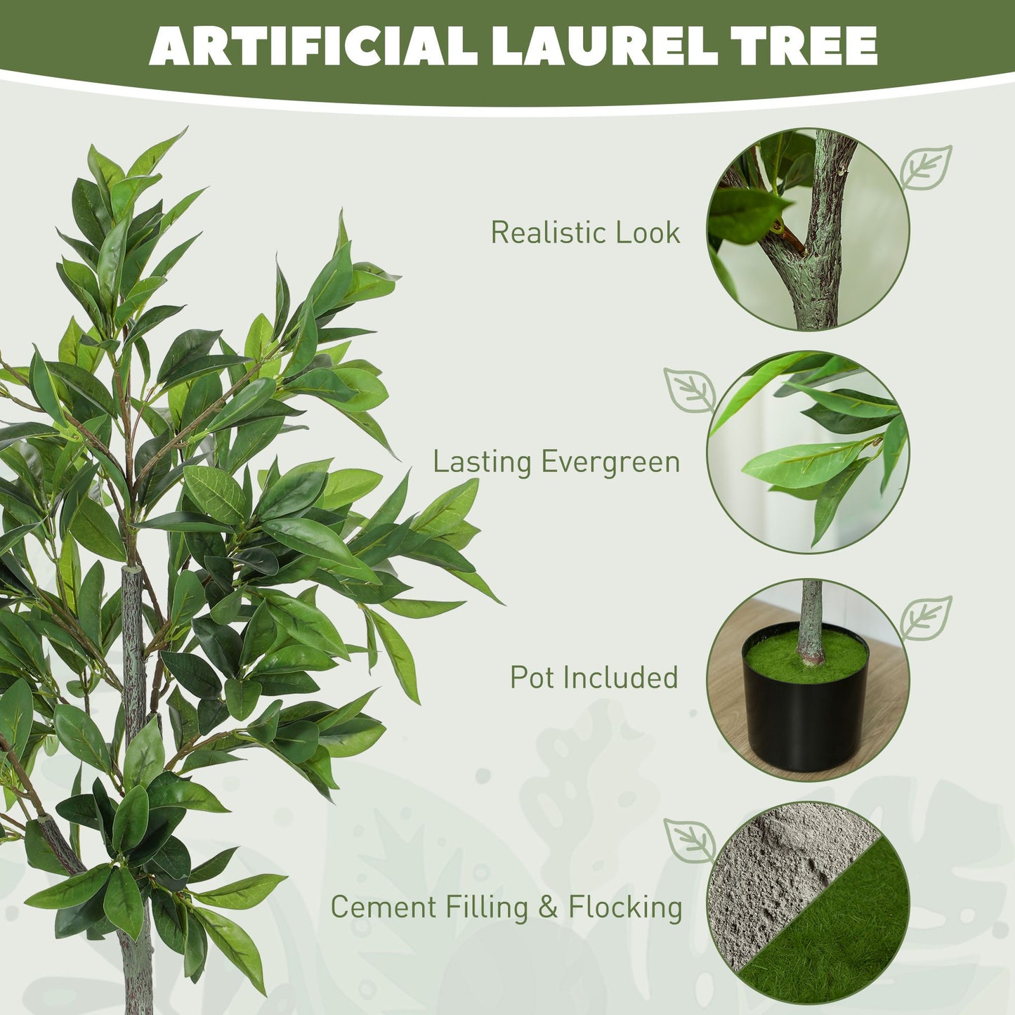 Potted Fake Plants Set of 2, Lifelike Laurel Artificial Trees with 345 PEVA Leaves for Indoor Outdoor Decor, Green