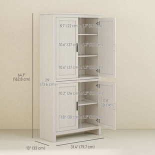 64" Kitchen Pantry Cabinet, Freestanding Storage Cabinet with 4 Doors, 3 Adjustable Shelves, Antique White