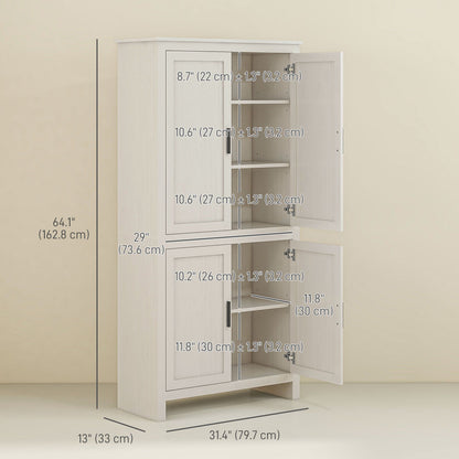64" Kitchen Pantry Cabinet, Freestanding Storage Cabinet with 4 Doors, 3 Adjustable Shelves, Antique White