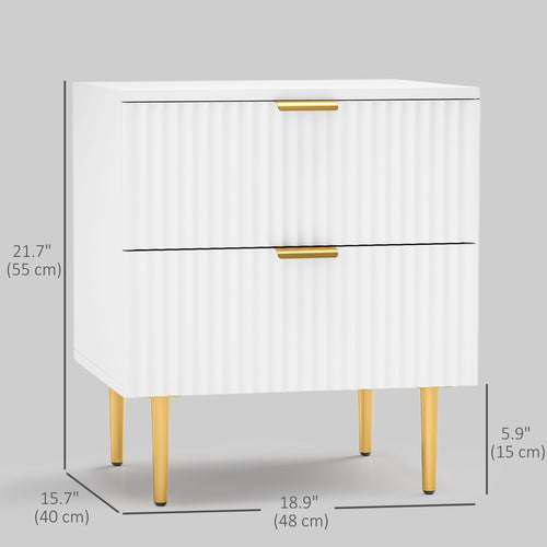 Bedside Table, Modern Nightstand with 2 Drawers, Side End Table with Metal Legs for Living Room, Bedroom, White