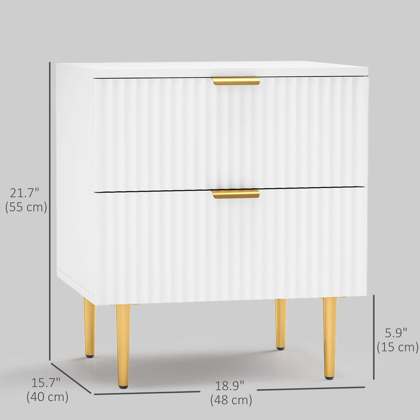 Bedside Table, Modern Nightstand with 2 Drawers, Side End Table with Metal Legs for Living Room, Bedroom, White