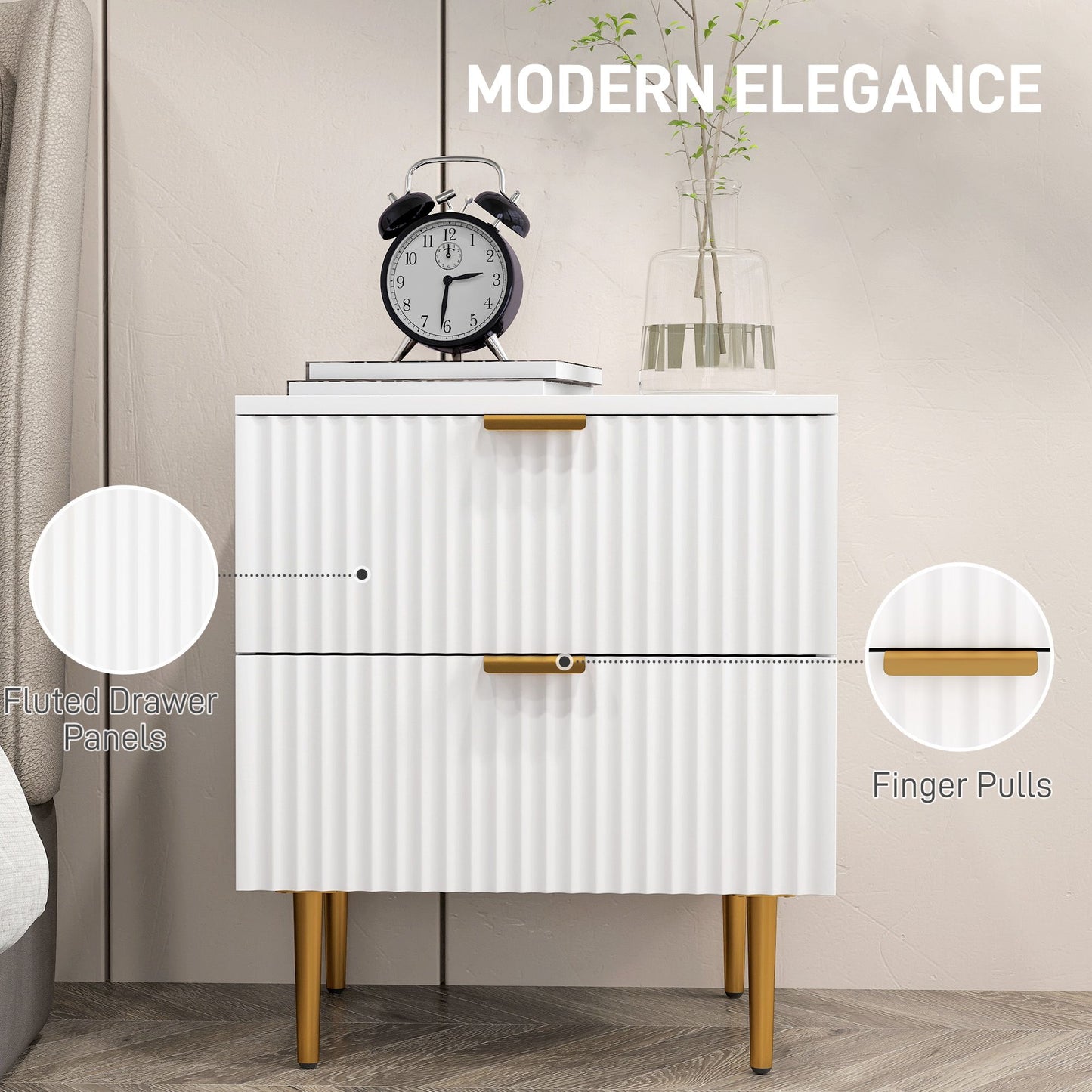 Bedside Table, Modern Nightstand with 2 Drawers, Side End Table with Metal Legs for Living Room, Bedroom, White