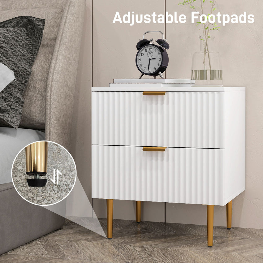 Bedside Table, Modern Nightstand with 2 Drawers, Side End Table with Metal Legs for Living Room, Bedroom, White