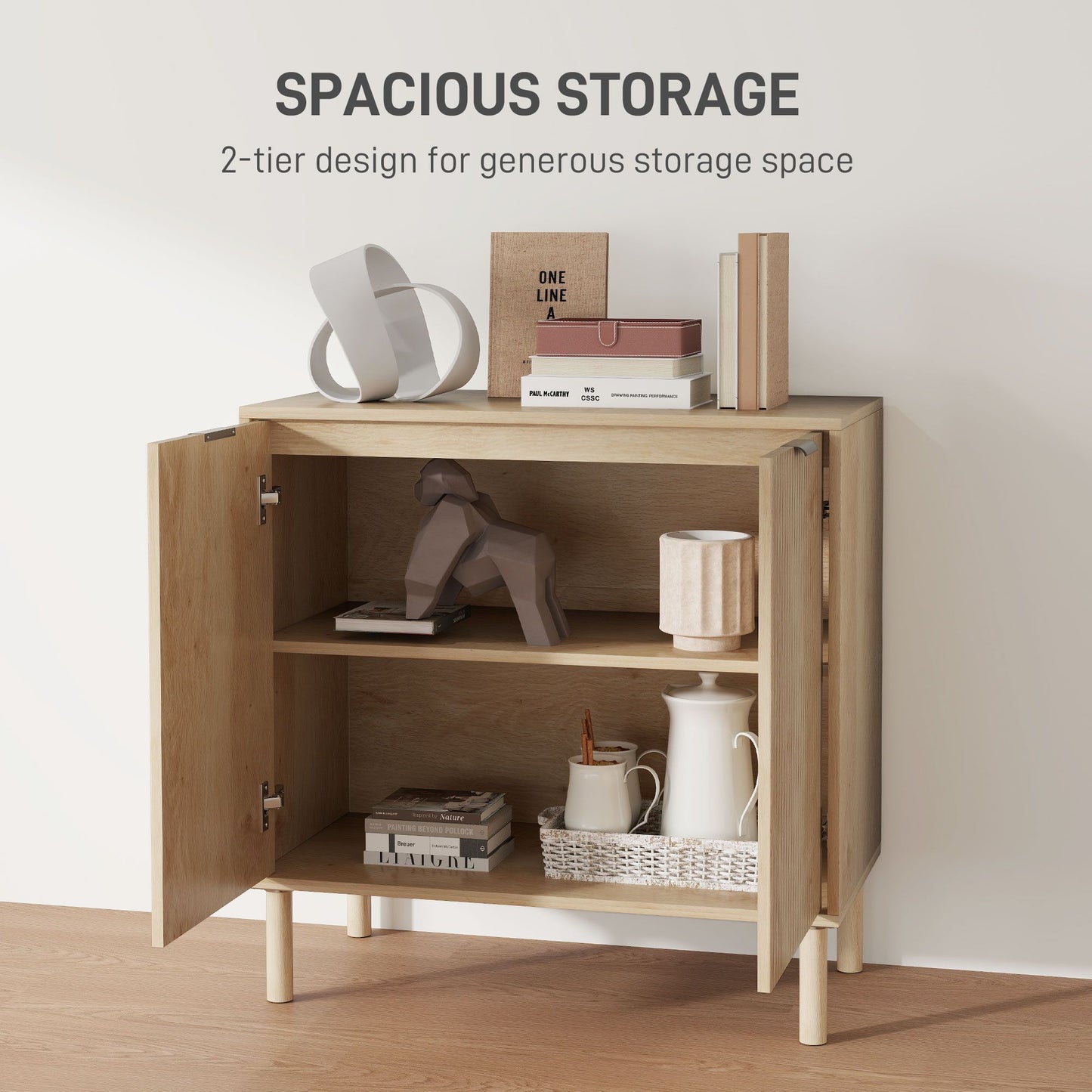 Accent Cabinet with Doors & Adjustable Shelf, Freestanding Storage Cabinet with Wood Legs for Living Room, Oak