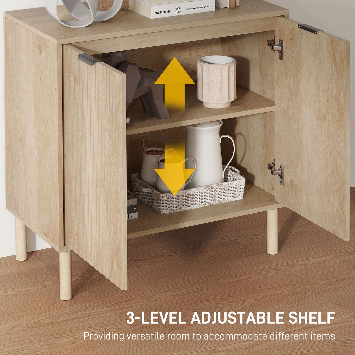 Accent Cabinet with Doors & Adjustable Shelf, Freestanding Storage Cabinet with Wood Legs for Living Room, Oak