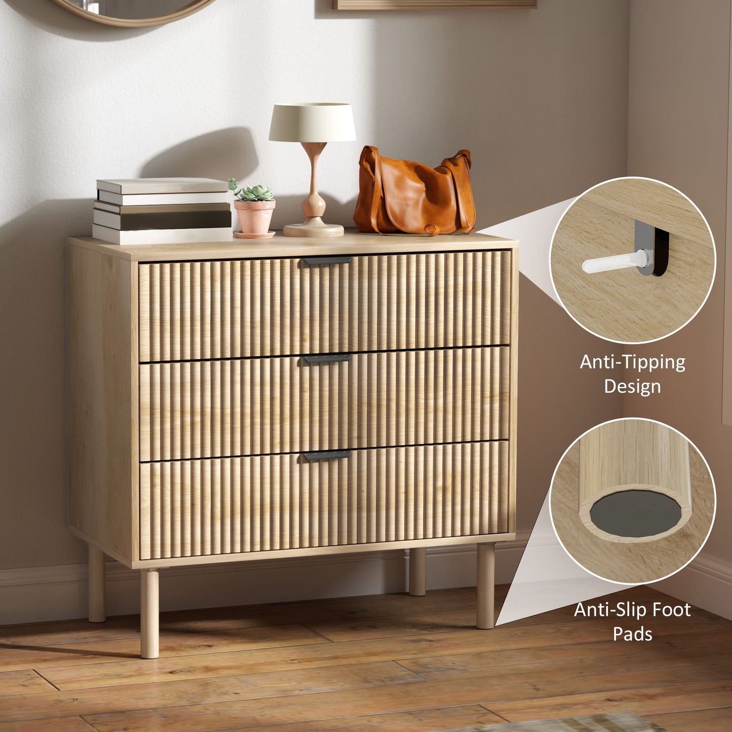 Bedroom Chest of Drawers, 3 Drawer Dresser with Fluted Panels and Solid Wood Legs, Storage Cabinet for Living Room, Oak