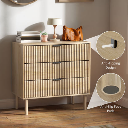 Bedroom Chest of Drawers, 3 Drawer Dresser with Fluted Panels and Solid Wood Legs, Storage Cabinet for Living Room, Oak