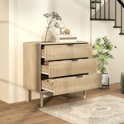 Bedroom Chest of Drawers, 3 Drawer Dresser with Fluted Panels and Solid Wood Legs, Storage Cabinet for Living Room, Oak