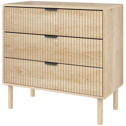 Bedroom Chest of Drawers, 3 Drawer Dresser with Fluted Panels and Solid Wood Legs, Storage Cabinet for Living Room, Oak