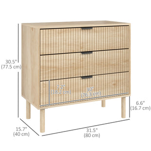 Bedroom Chest of Drawers, 3 Drawer Dresser with Fluted Panels and Solid Wood Legs, Storage Cabinet for Living Room, Oak