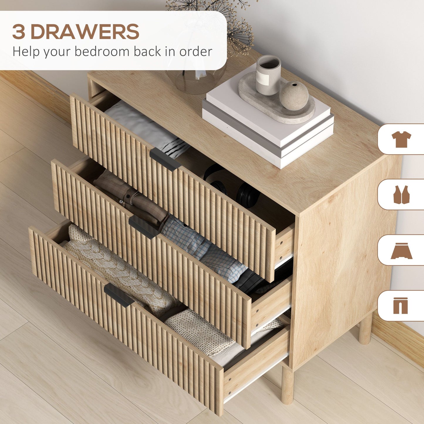 Bedroom Chest of Drawers, 3 Drawer Dresser with Fluted Panels and Solid Wood Legs, Storage Cabinet for Living Room, Oak