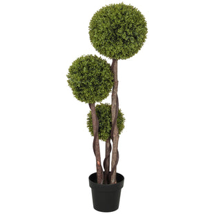 4FT Potted Fake Plant, Artificial Boxwood Topiary Tree, Triple Ball Tree for Indoor and Outdoor, Green