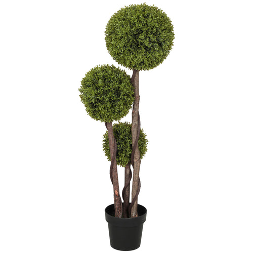 4FT Potted Fake Plant, Artificial Boxwood Topiary Tree, Triple Ball Tree for Indoor and Outdoor, Green