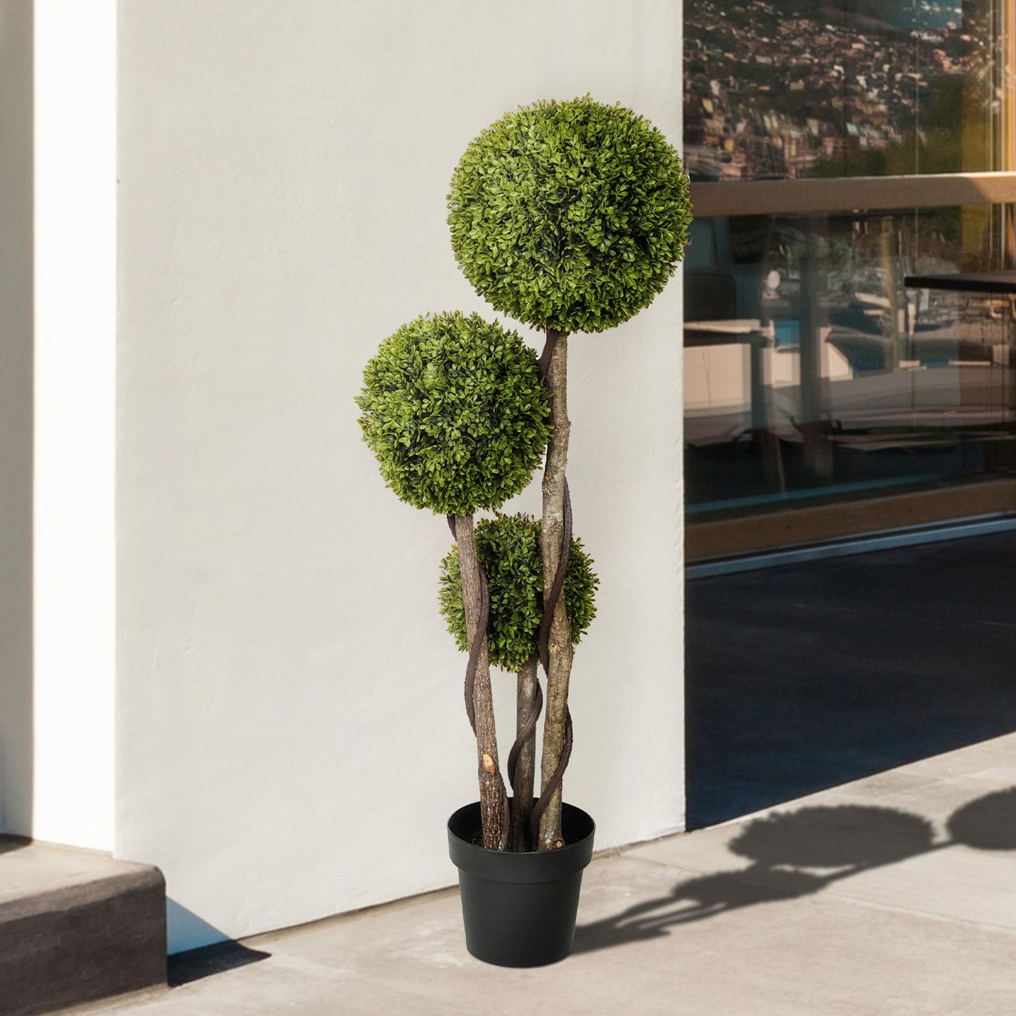 4FT Potted Fake Plant, Artificial Boxwood Topiary Tree, Triple Ball Tree for Indoor and Outdoor, Green