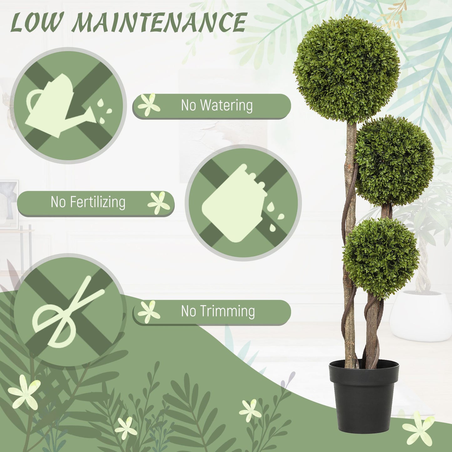 4FT Potted Fake Plant, Artificial Boxwood Topiary Tree, Triple Ball Tree for Indoor and Outdoor, Green