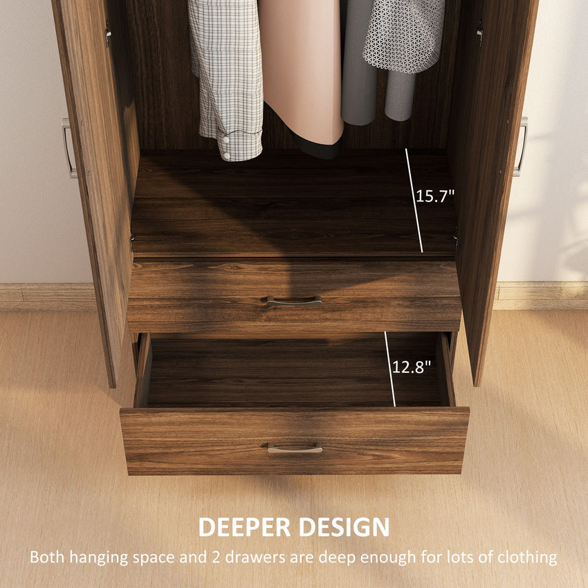 Wardrobe Closet Armoire with Hanging Rod and 2 Doors, Clothes Storage Organizer with 2 Drawers for Bedroom, Walnut