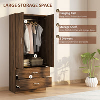 Wardrobe Closet Armoire with Hanging Rod and 2 Doors, Clothes Storage Organizer with 2 Drawers for Bedroom, Walnut