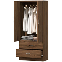 Wardrobe Closet Armoire with Hanging Rod and 2 Doors, Clothes Storage Organizer with 2 Drawers for Bedroom, Walnut