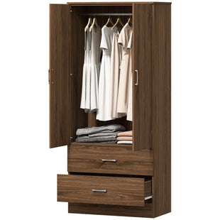 Wardrobe Closet Armoire with Hanging Rod and 2 Doors, Clothes Storage Organizer with 2 Drawers for Bedroom, Walnut