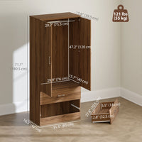 Wardrobe Closet Armoire with Hanging Rod and 2 Doors, Clothes Storage Organizer with 2 Drawers for Bedroom, Walnut