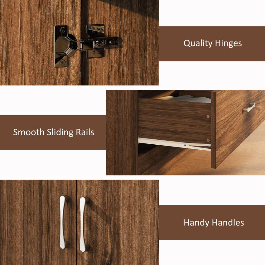 Wardrobe Closet Armoire with Hanging Rod and 2 Doors, Clothes Storage Organizer with 2 Drawers for Bedroom, Walnut