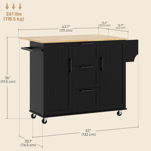 Rolling Kitchen Cart on Wheels with Drop Leaf, Kitchen Island with 3 Drawers, Solid Wood Top and Towel Rack, Black