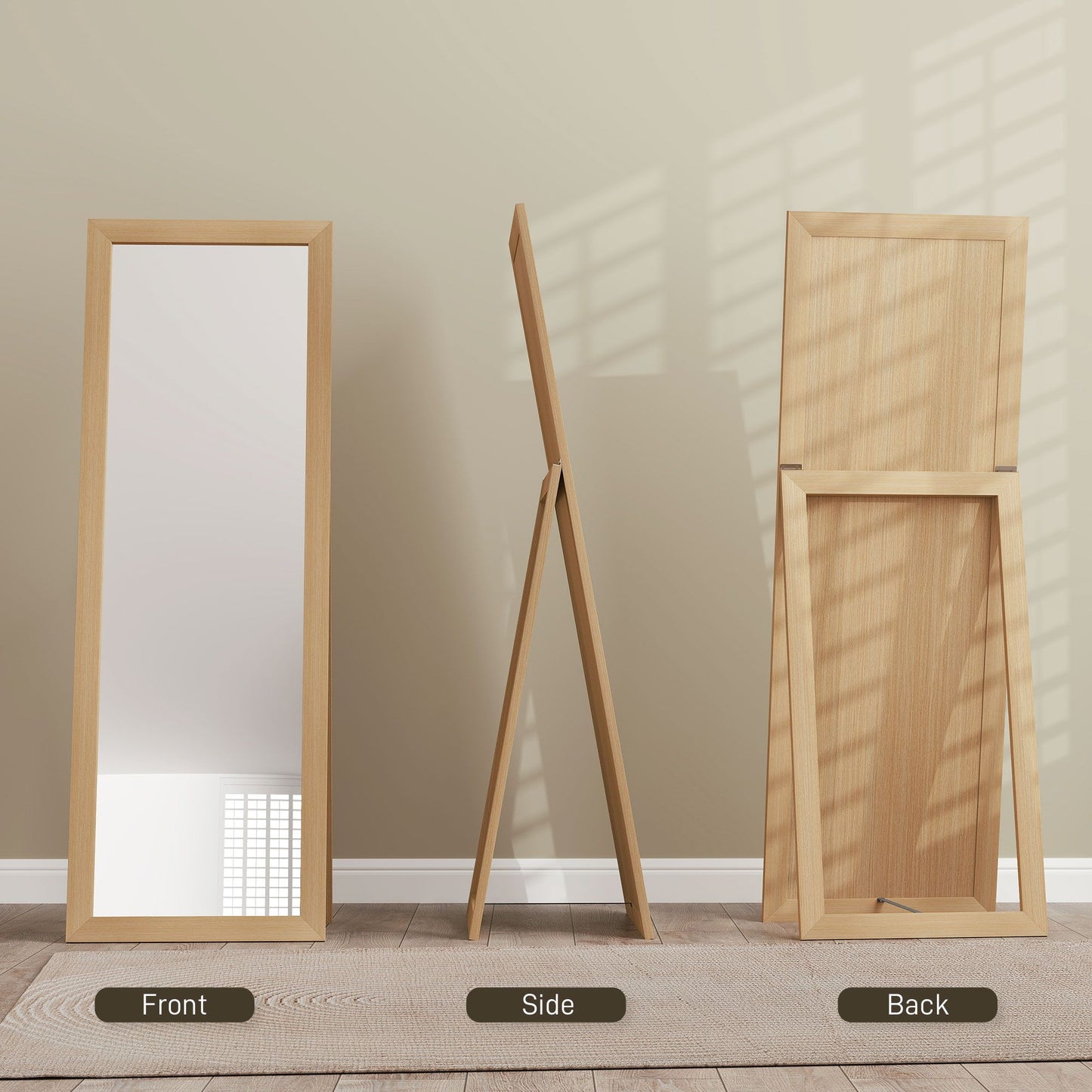 58" x 20" Floor Standing Mirror, Full Body Mirror for Bedroom, Living Room, Oak