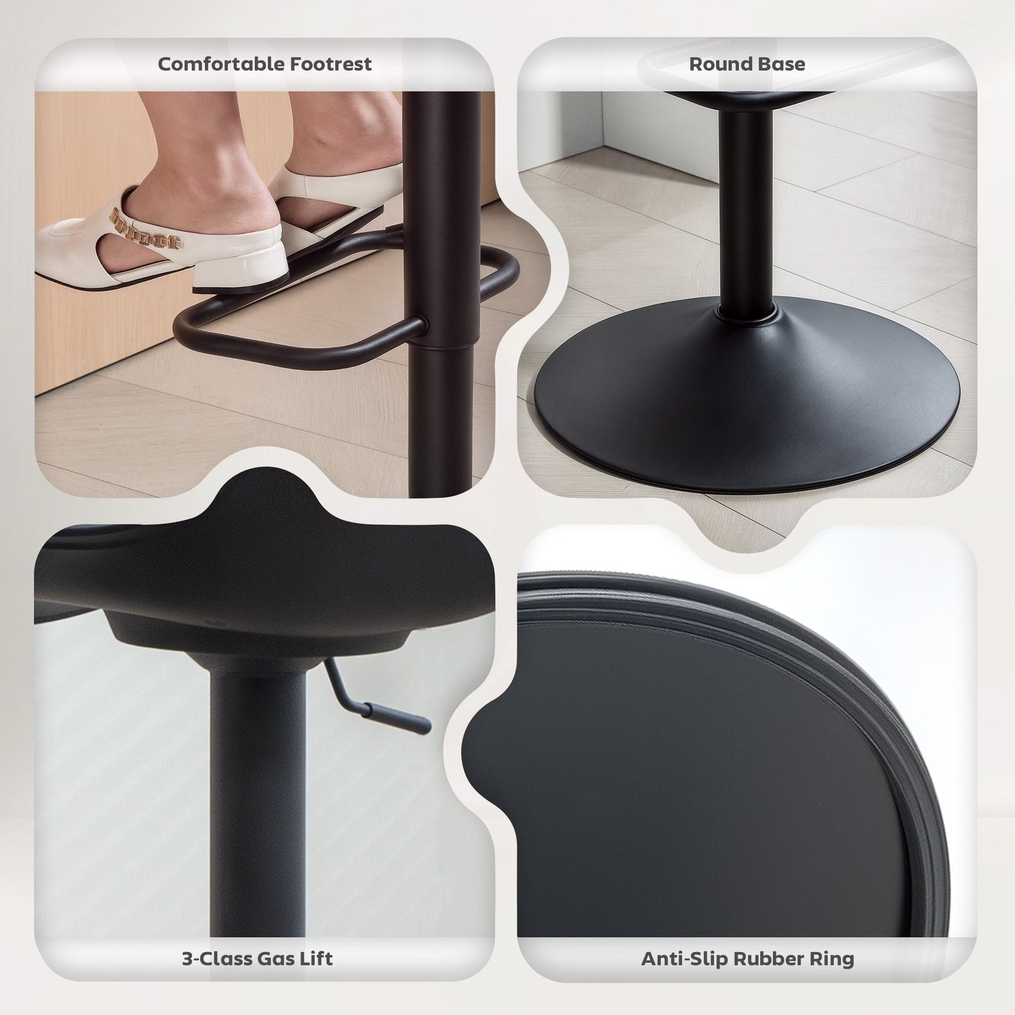 Counter Height Bar Stools Set of 2, Streamlined Bar Chairs with Adjustable Height and Swivel PU Leather Seat, Black