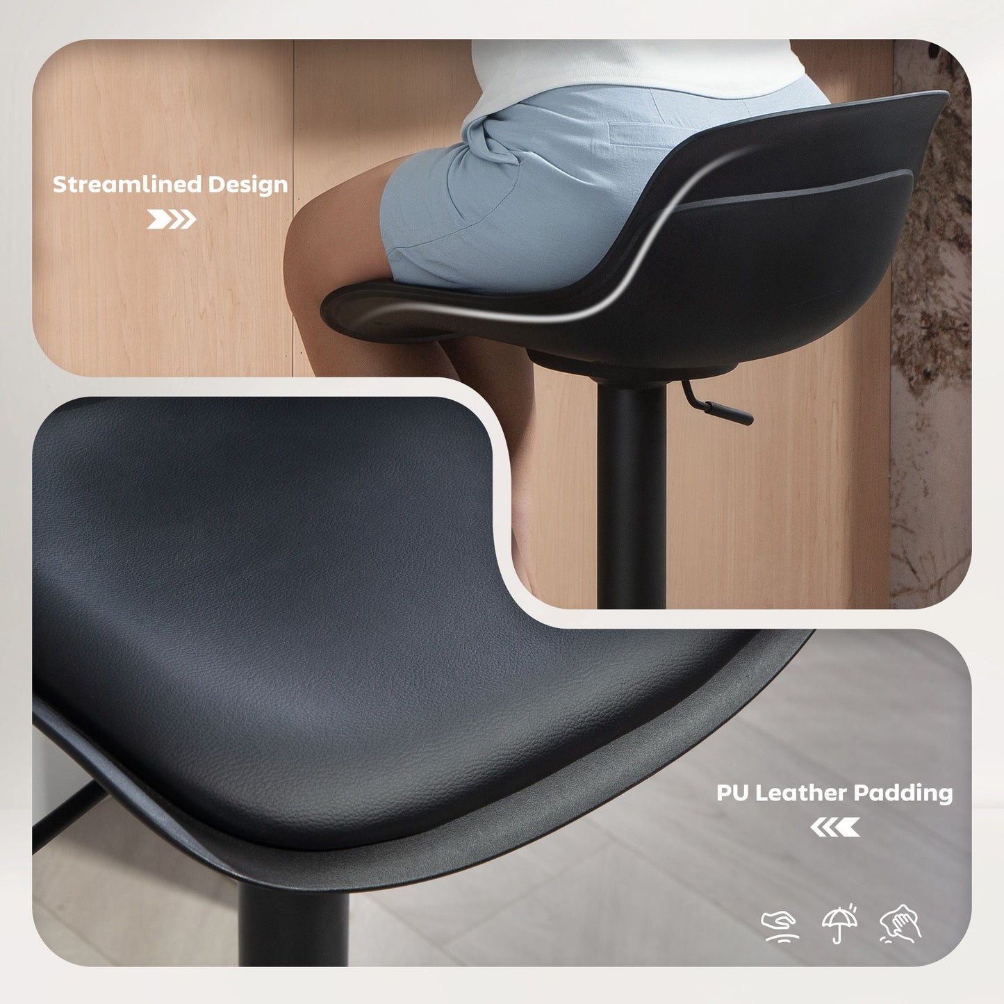 Counter Height Bar Stools Set of 2, Streamlined Bar Chairs with Adjustable Height and Swivel PU Leather Seat, Black