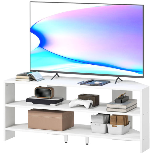 Corner TV Stand, Modern TV Table with 2 Open Shelves for 47 Inch TV, Entertainment Center for Living Room, White