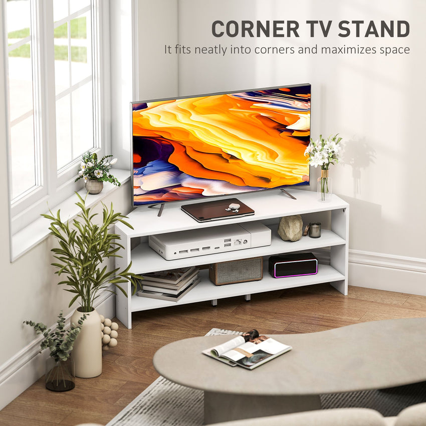 Corner TV Stand, Modern TV Table with 2 Open Shelves for 47 Inch TV, Entertainment Center for Living Room, White