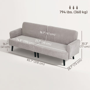 Modern Couch, 3 Seater Sofa, Corduroy Loveseat with Rubberwood Legs and Extra-Wide Seat, Light Grey