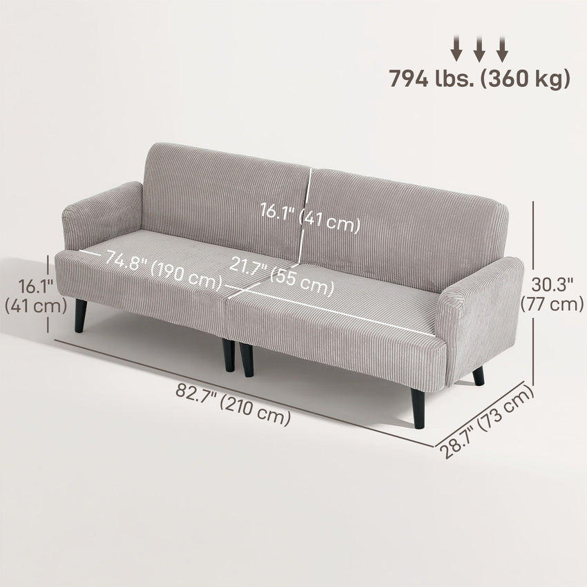 Modern Couch, 3 Seater Sofa, Corduroy Loveseat with Rubberwood Legs and Extra-Wide Seat, Light Grey