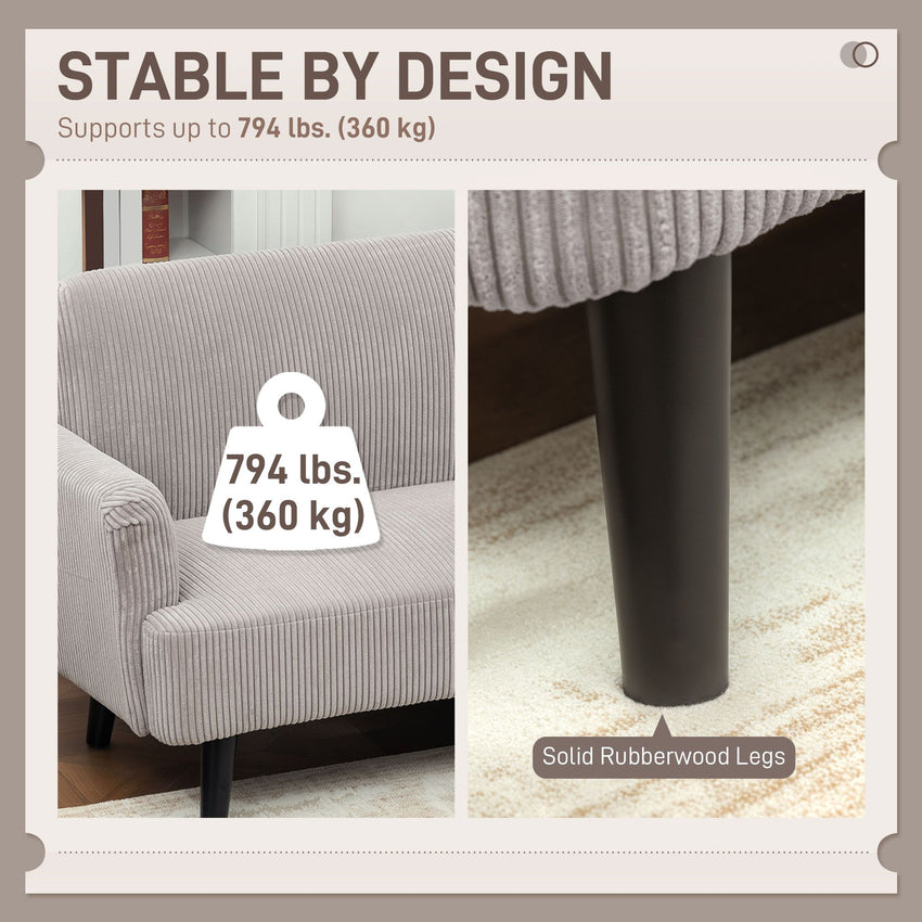 Modern Couch, 3 Seater Sofa, Corduroy Loveseat with Rubberwood Legs and Extra-Wide Seat, Light Grey
