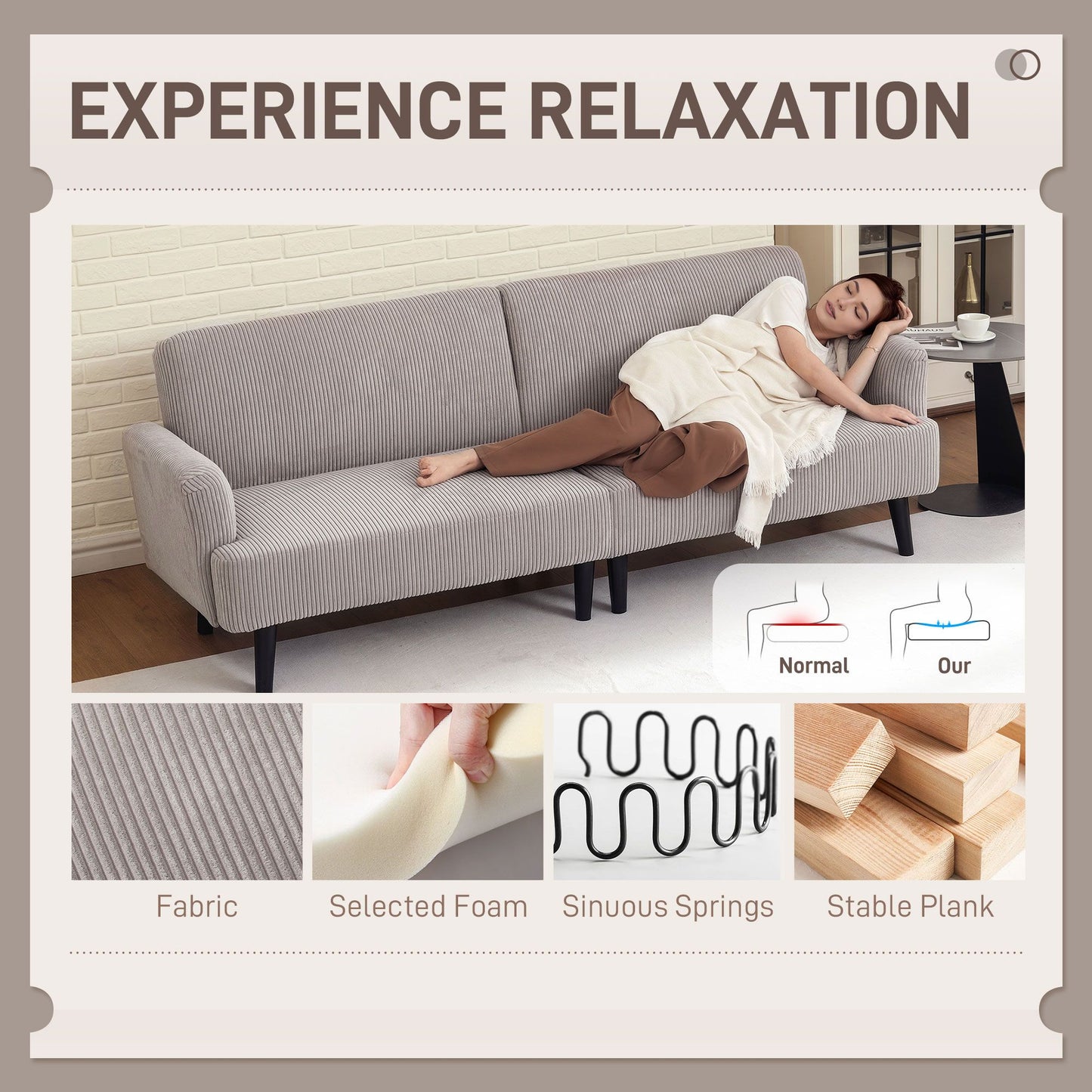 Modern Couch, 3 Seater Sofa, Corduroy Loveseat with Rubberwood Legs and Extra-Wide Seat, Light Grey