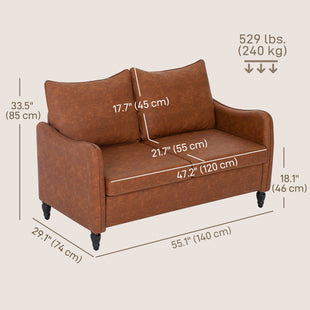 55" Loveseat Sofa, Small 2 Seater Couch with Solid Wood Legs, Modern PU Leather Upholstered Sofa for Small Spaces, Brown